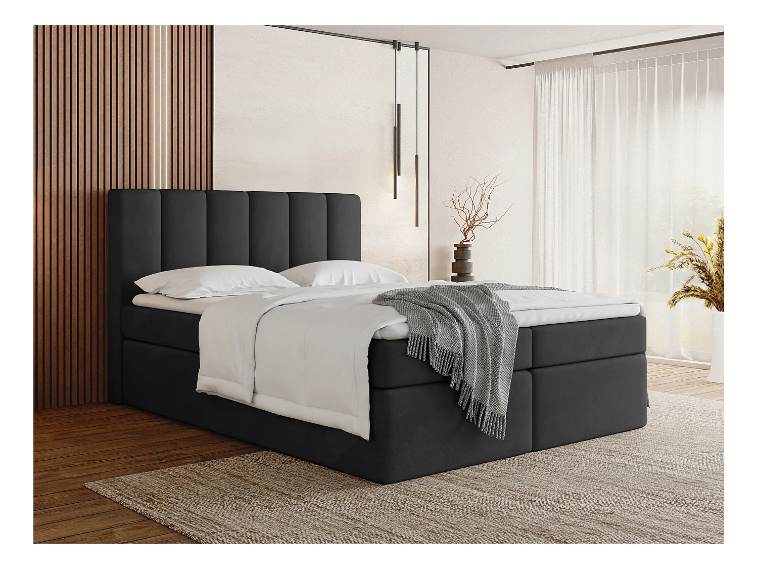 Lit Boxspring Amira 160x200 avec Matelas, Surmatelas et Coffre – Lit Coffre Tissu Velours – Tête Capitonnée – Lit Double Adulte – Noir