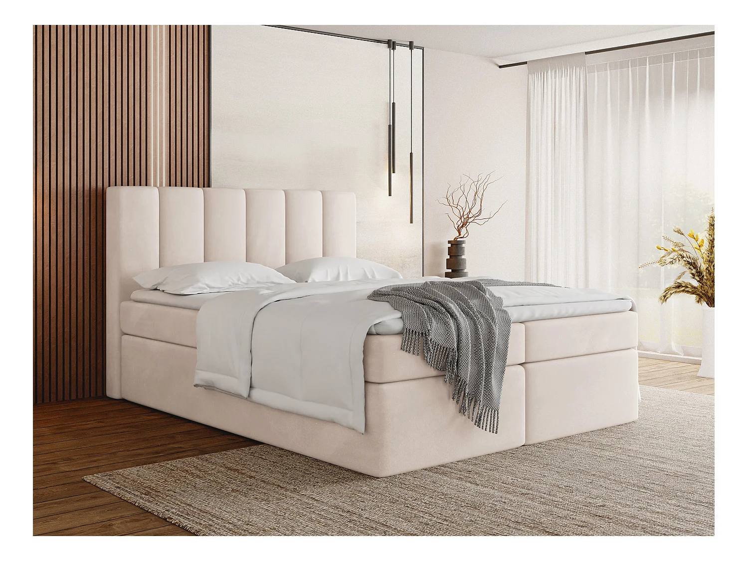 Lit Boxspring Amira 140x200 avec Matelas, Surmatelas et Coffre – Lit Coffre Tissu Velours Beige – Tête Capitonnée – Lit Double Adulte – Crème