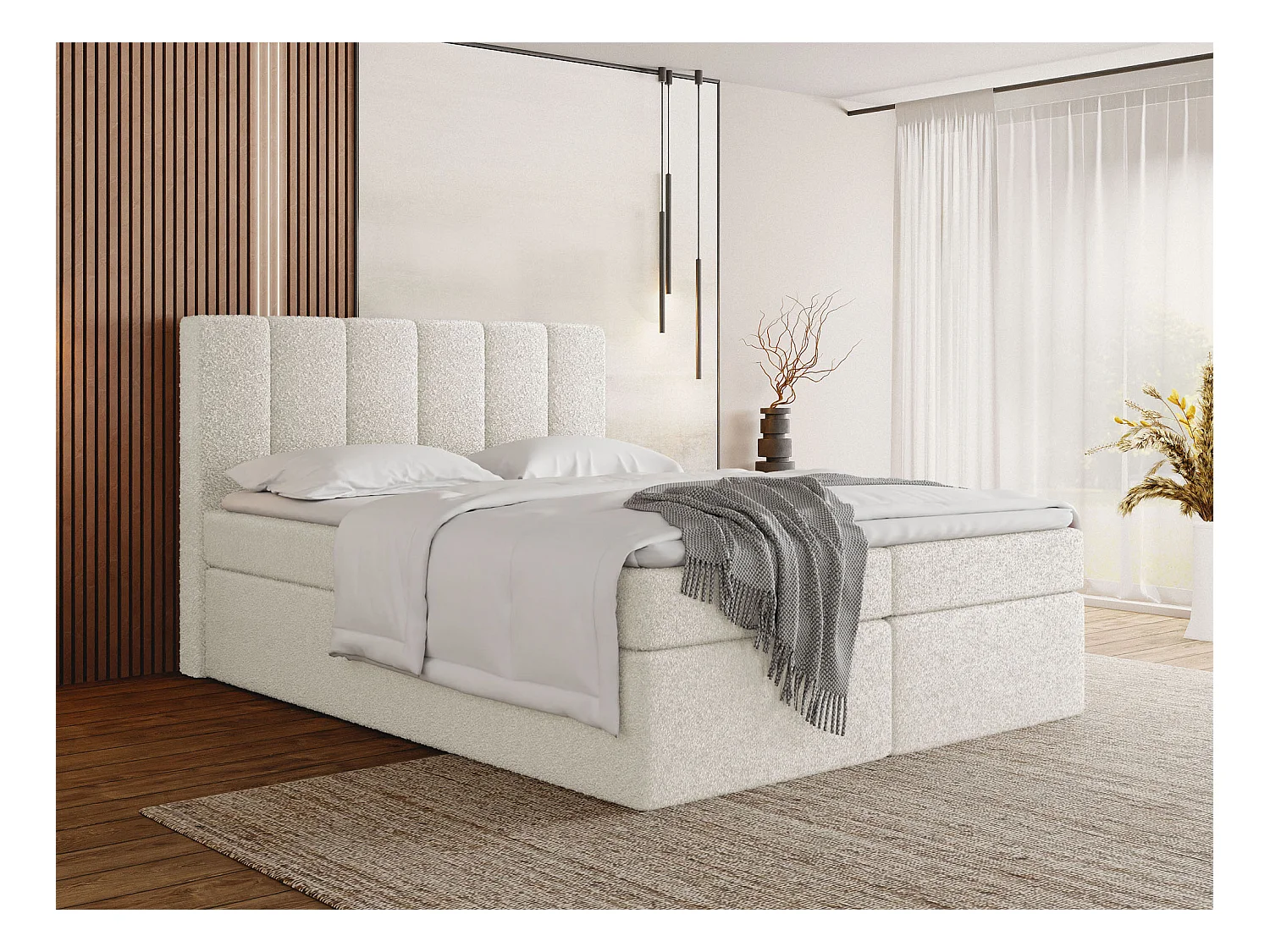 Lit Boxspring Amira 120x200 avec Matelas, Surmatelas et Coffre – Lit Coffre Tissu Bouclette Blanc – Tête Capitonnée – Lit Double Adulte – Crème