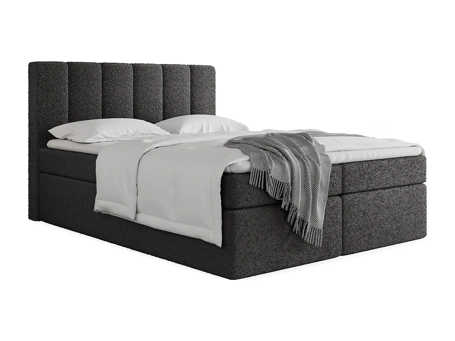 Boxspringbett 140x200 mit Bettkasten – Gepolstert Doppelbett mit 7-Zonen Taschenfederkern-Matratze, 5 cm Komfortschaum-Topper Inklusive – Boucle Stoff Schwarz