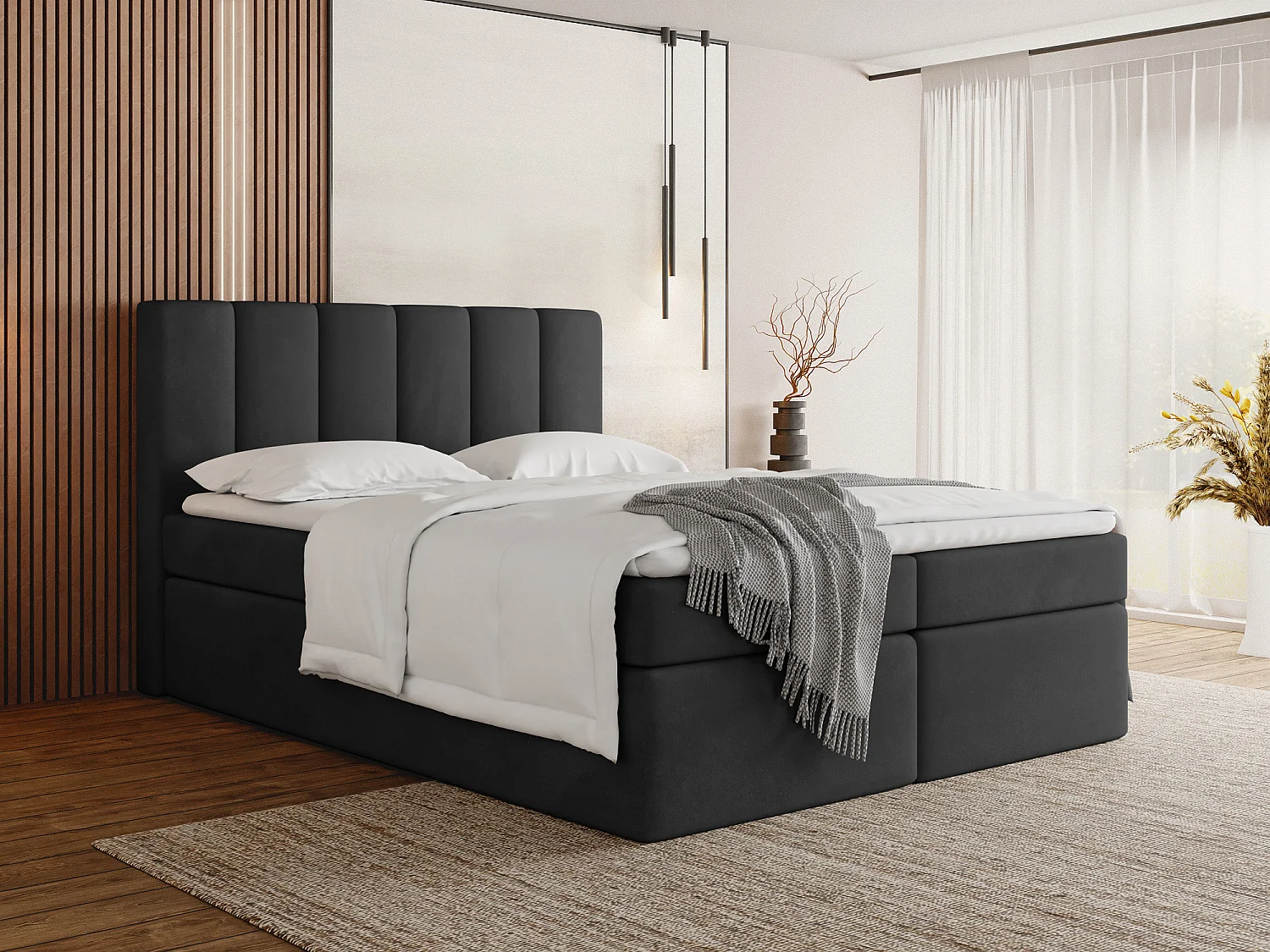 Boxspringbett 160x200 mit Bettkasten – Gepolstert Doppelbett mit 7-Zonen Taschenfederkern-Matratze, 5 cm Komfortschaum-Topper Inklusive – Samt Stoff Schwarz