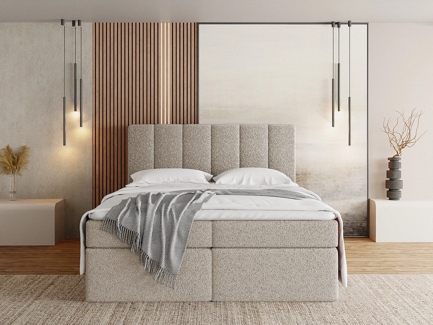 Boxspringbett 120x200 mit Bettkasten – Gepolstert Doppelbett mit 7-Zonen Taschenfederkern-Matratze, 5 cm Komfortschaum-Topper Inklusive – Boucle Stoff Beige