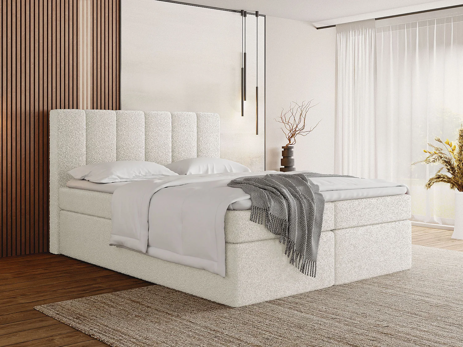 Boxspringbett 200x200 mit Bettkasten – Gepolstert Doppelbett mit 7-Zonen Taschenfederkern-Matratze, 5 cm Komfortschaum-Topper Inklusive – Boucle Stoff Weiß