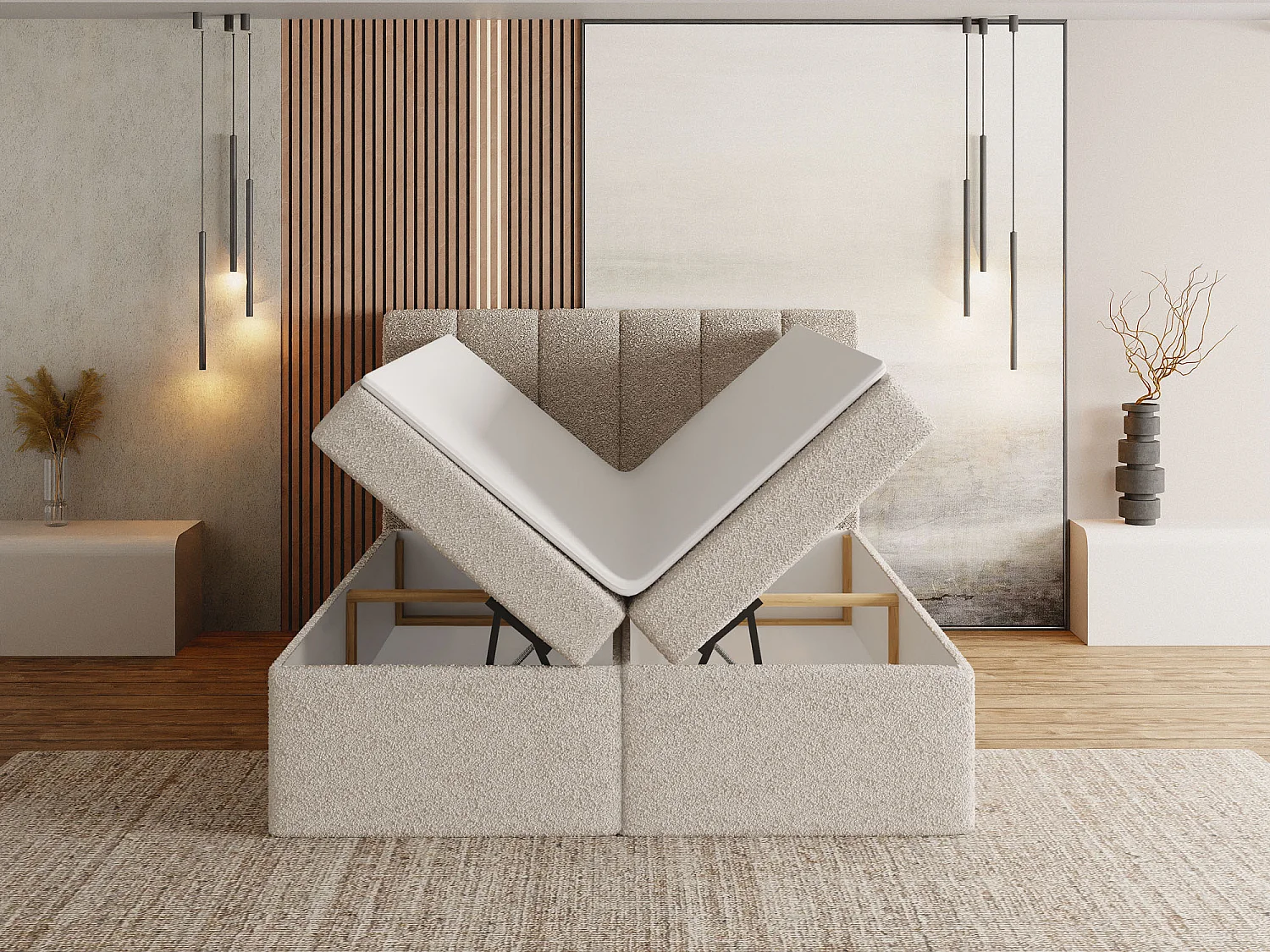 Boxspringbett 200x200 mit Bettkasten – Gepolstert Doppelbett mit 7-Zonen Taschenfederkern-Matratze, 5 cm Komfortschaum-Topper Inklusive – Boucle Stoff Weiß