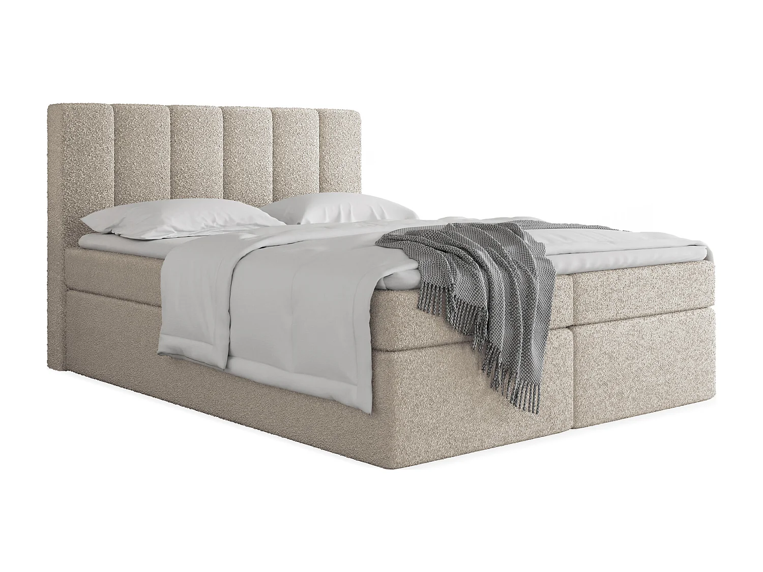 Boxspringbett 160x200 mit Bettkasten – Gepolstert Doppelbett mit 7-Zonen Taschenfederkern-Matratze, 5 cm Komfortschaum-Topper Inklusive – Boucle Stoff Beige