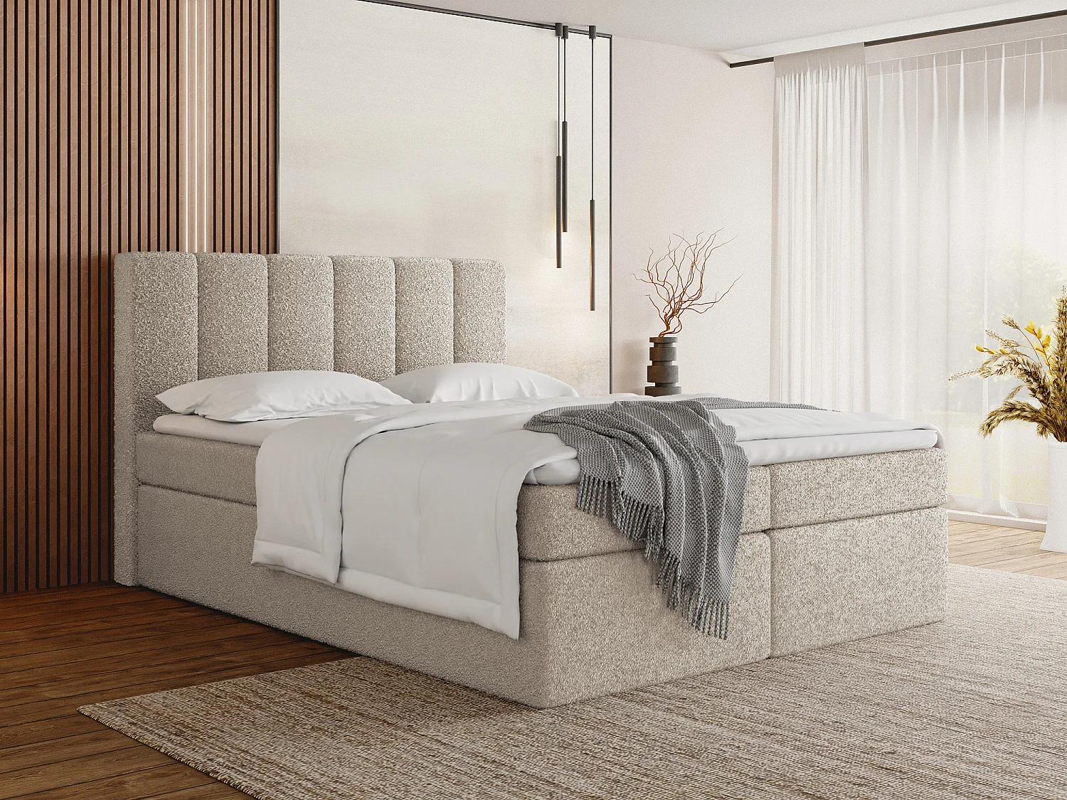 Boxspringbett 160x200 mit Bettkasten – Gepolstert Doppelbett mit 7-Zonen Taschenfederkern-Matratze, 5 cm Komfortschaum-Topper Inklusive – Boucle Stoff Beige