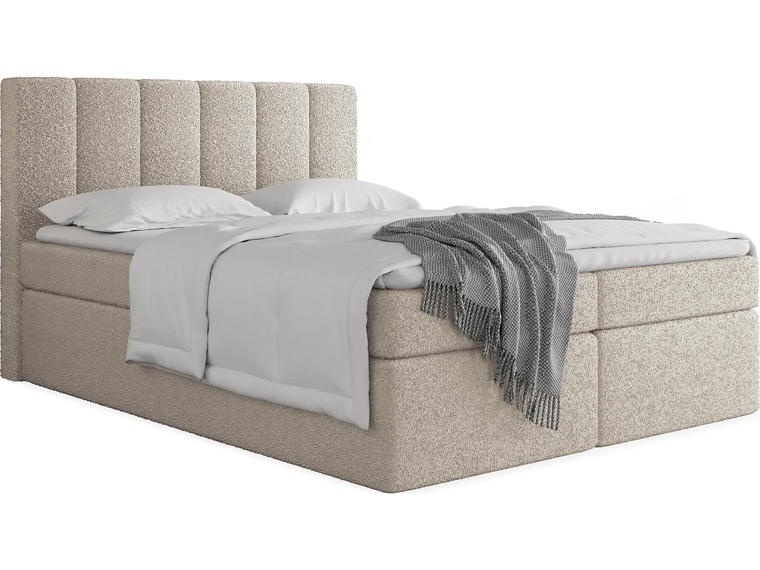 Boxspringbett 160x200 mit Bettkasten – Gepolstert Doppelbett mit 7-Zonen Taschenfederkern-Matratze, 5 cm Komfortschaum-Topper Inklusive – Boucle Stoff Beige