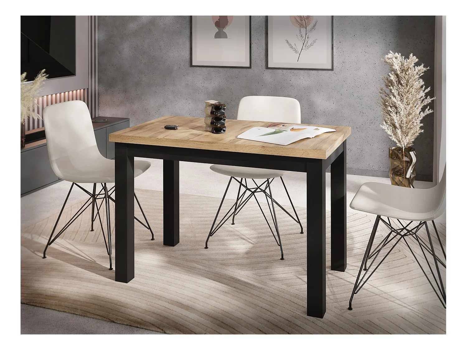 Table à Manger Rectangulaire 100 x 60 – Table Gain de Place pour Salle à Manger, Cuisine ou Bureau – Design Industriel – Chêne Wotan & Pieds en Bois Noir – Arden
