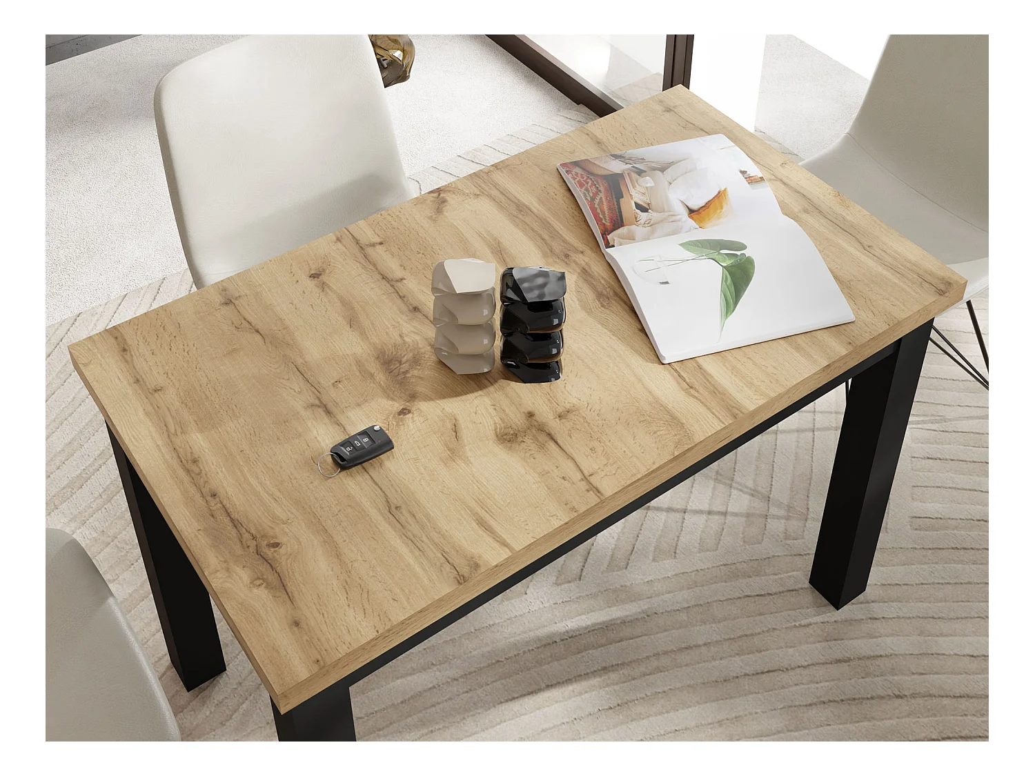 Table à Manger Rectangulaire 100 x 60 – Table Gain de Place pour Salle à Manger, Cuisine ou Bureau – Design Industriel – Chêne Wotan & Pieds en Bois Noir – Arden