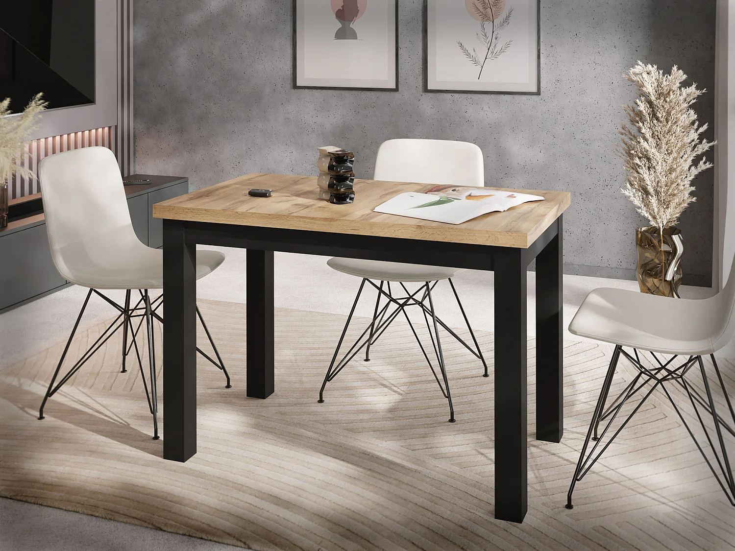 Rechteckiger Esstisch 100 x 60 – Platzsparender Küchentisch in Skandi & Loft Stil – Schwarze Holzbeine – für Küche, Wohnzimmer oder Büro – Eiche Hell Braun