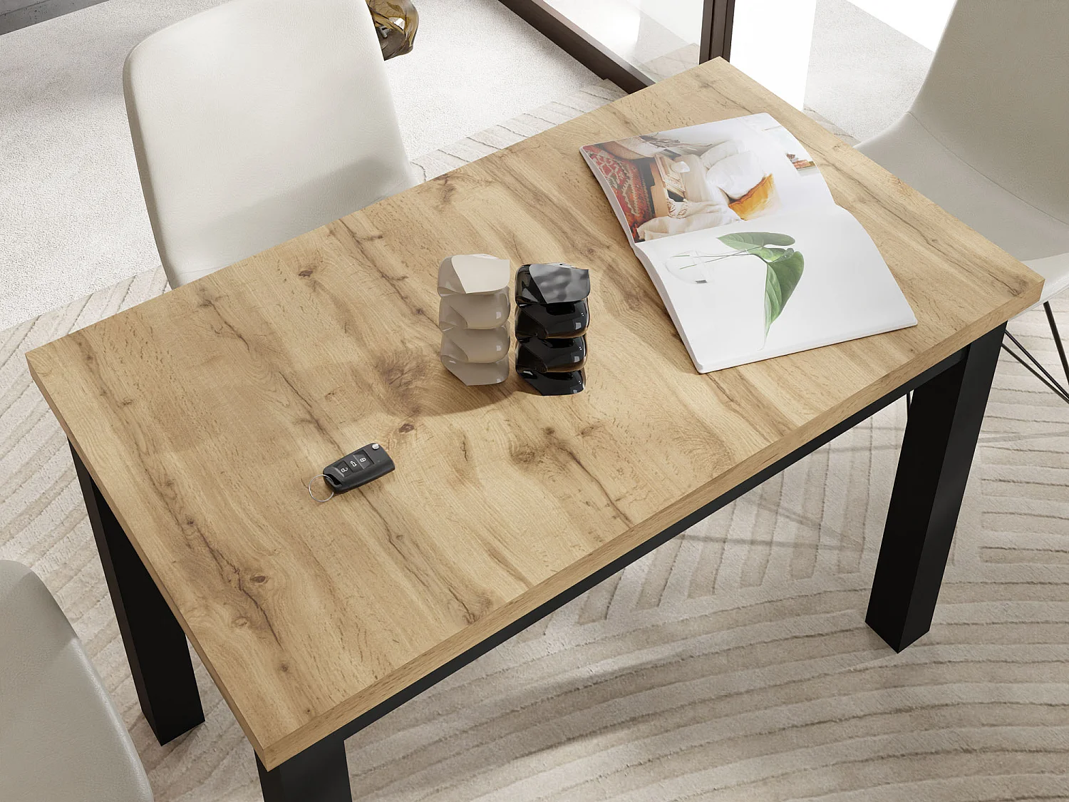 Rechteckiger Esstisch 100 x 60 – Platzsparender Küchentisch in Skandi & Loft Stil – Schwarze Holzbeine – für Küche, Wohnzimmer oder Büro – Eiche Hell Braun