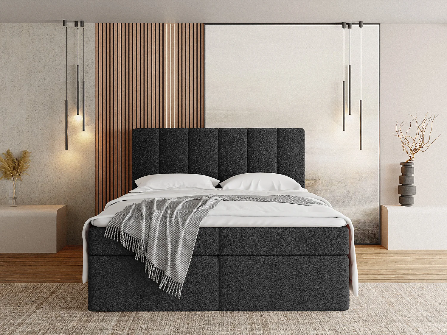 Boxspringbett 200x200 mit Bettkasten – Gepolstert Doppelbett mit 7-Zonen Taschenfederkern-Matratze, 5 cm Komfortschaum-Topper Inklusive – Boucle Stoff Schwarz