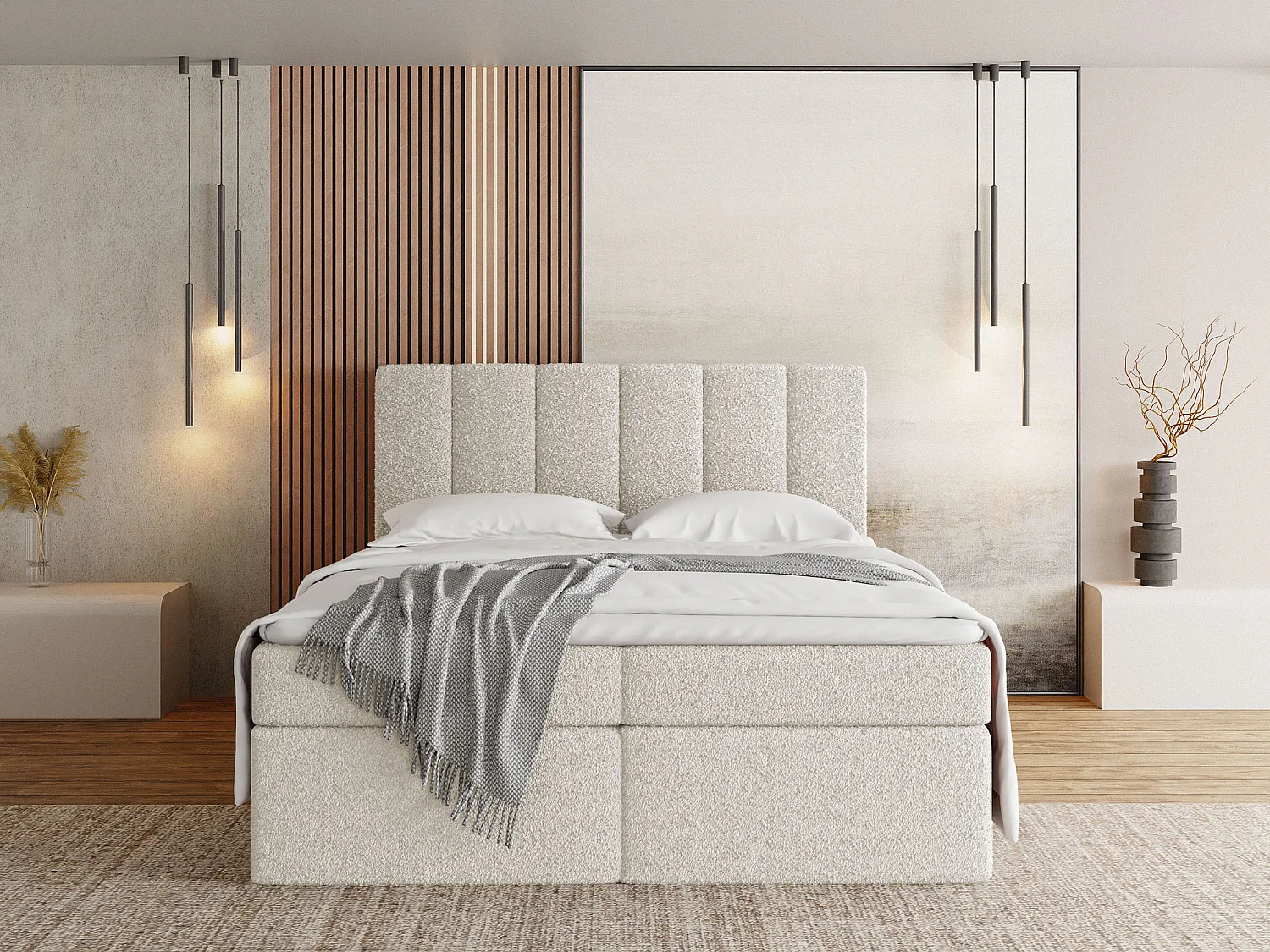 Boxspringbett 140x200 mit Bettkasten – Gepolstert Doppelbett mit 7-Zonen Taschenfederkern-Matratze, 5 cm Komfortschaum-Topper Inklusive – Boucle Stoff Weiß