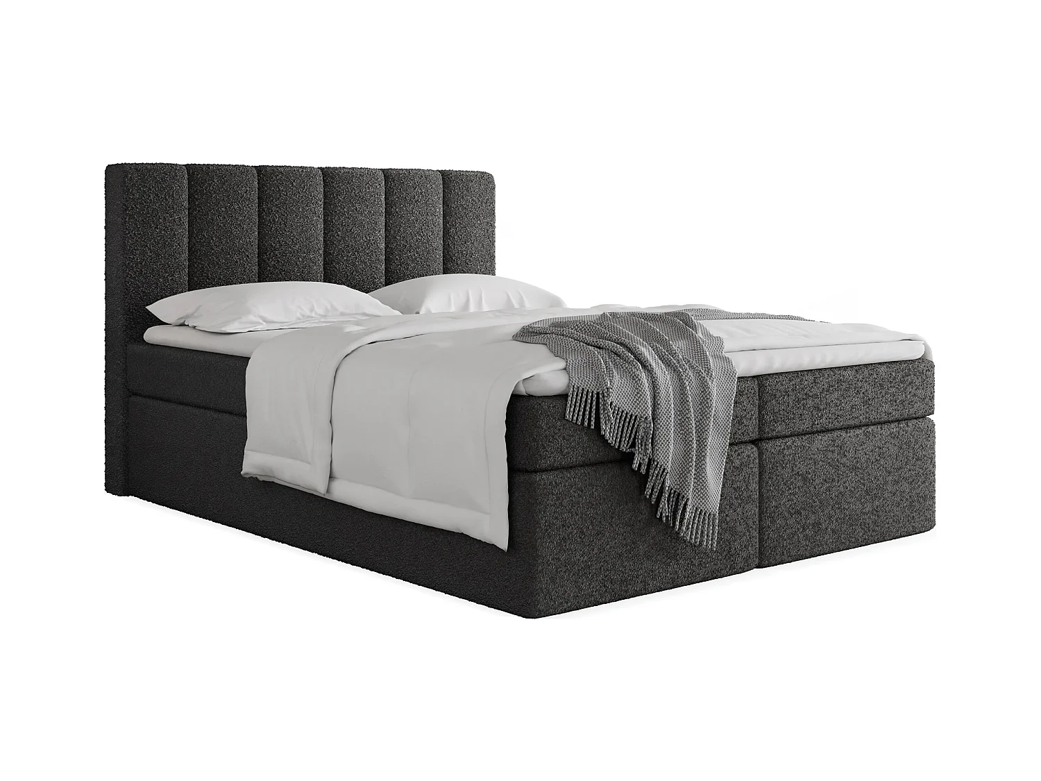 Lit Boxspring Amira 140x200 avec Matelas, Surmatelas et Coffre – Lit Coffre Tissu Bouclette – Tête Capitonnée – Lit Double Adulte – Noir