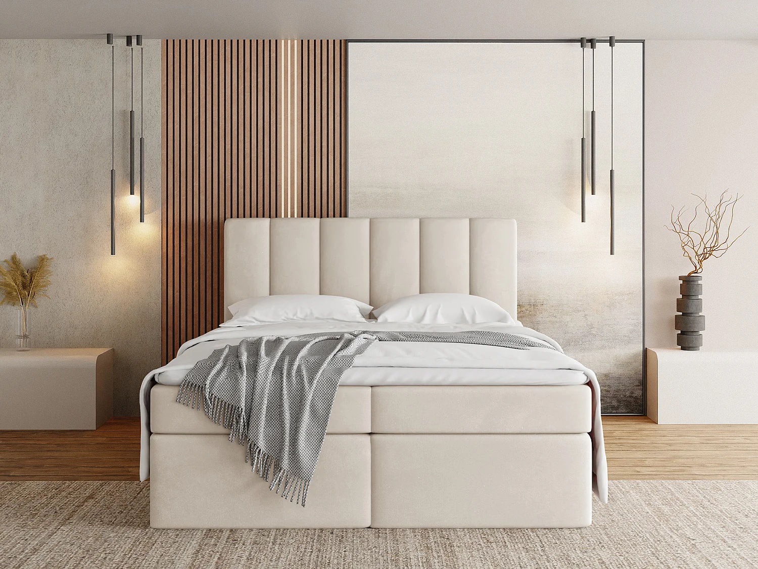 Boxspringbett mit Stauraum 140x200 – Komplett Set mit Matratze, Topper & Kopfteil – Samt Stoff in Beige – Doppelbett – Amira