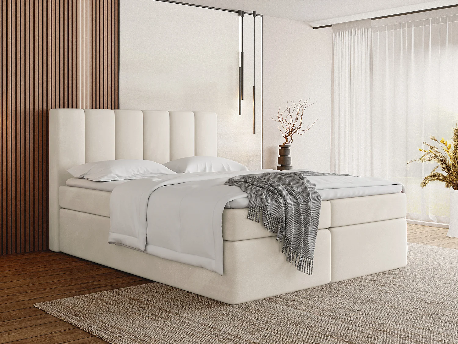 Boxspringbett mit Stauraum 180x200 – Komplett Set mit Matratze, Topper & Kopfteil – Samt Stoff in Beige – Doppelbett – Amira