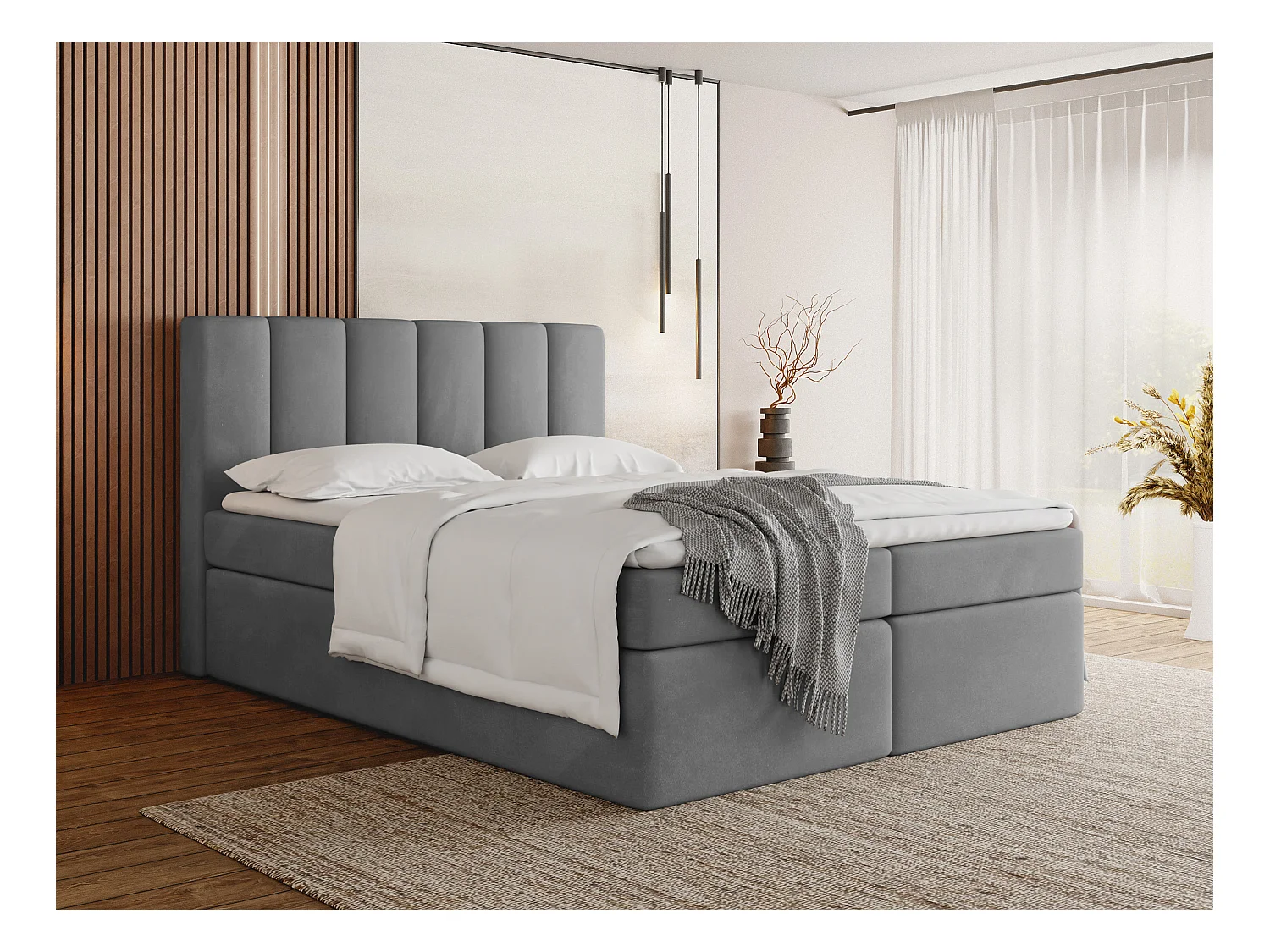 Lit Boxspring Amira 180x200 avec Matelas, Surmatelas et Coffre – Lit Coffre Tissu Velours – Tête Capitonnée – Lit Double Adulte – Gris