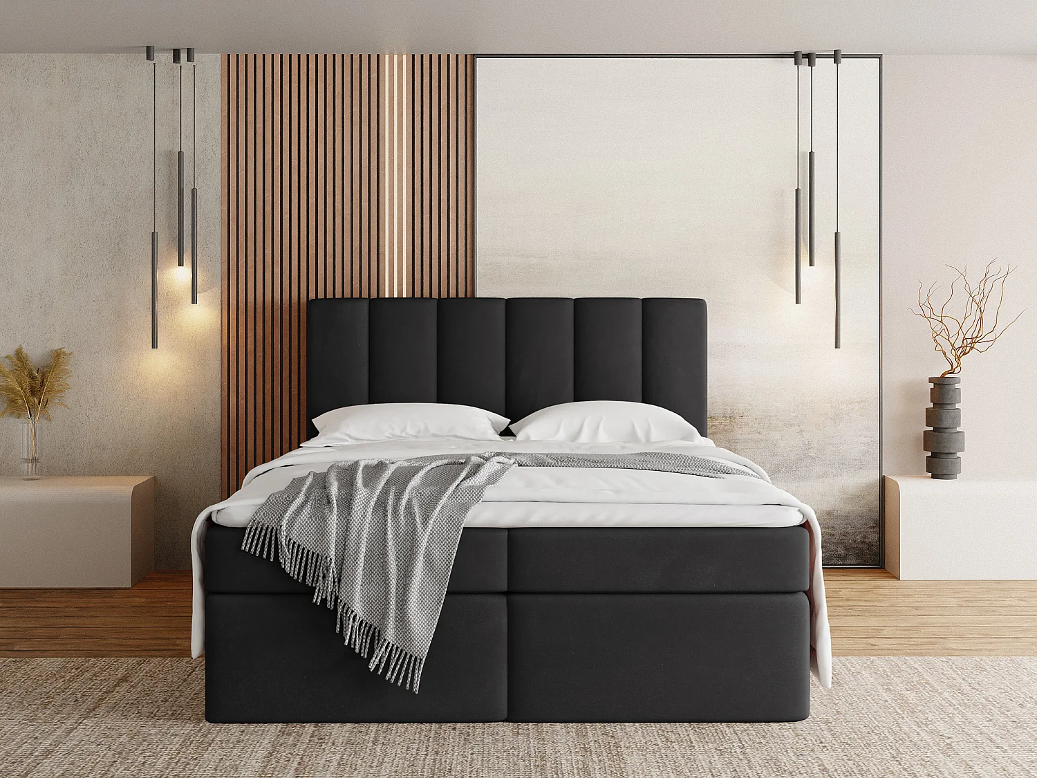 Boxspringbett 180x200 mit Bettkasten – Gepolstert Doppelbett mit 7-Zonen Taschenfederkern-Matratze, 5 cm Komfortschaum-Topper Inklusive – Samt Stoff Schwarz