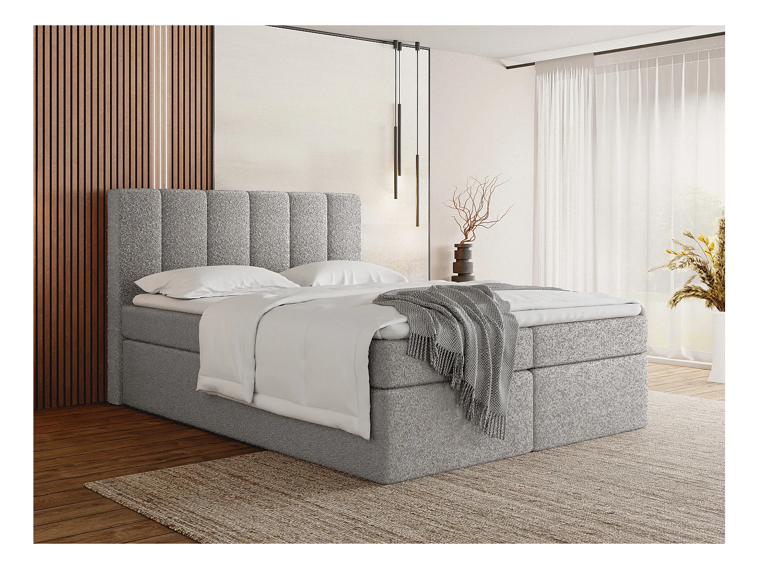 Lit Boxspring Amira 180x200 avec Matelas, Surmatelas et Coffre – Lit Coffre Tissu Bouclette – Tête Capitonnée – Lit Double Adulte – Gris