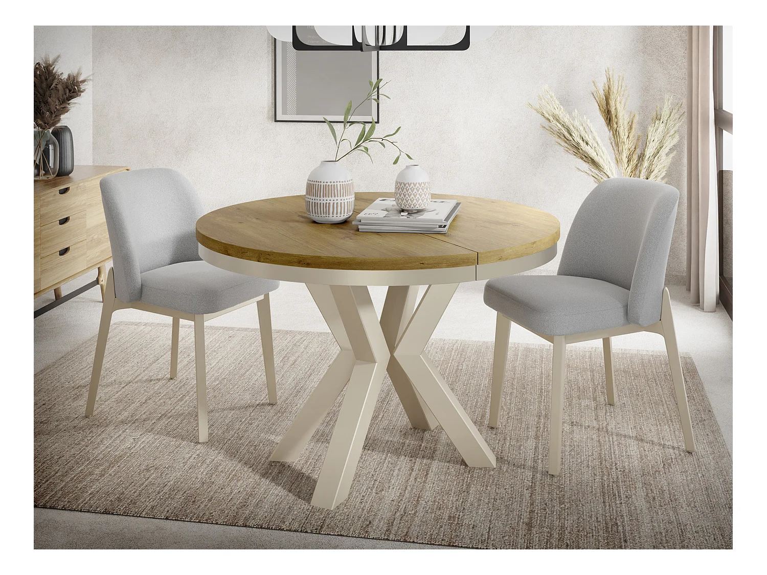 Runder Ausziehbarer Esstisch im Loft-Stil - Industrieller Tisch mit Beige Cashmere Metallbeinen Platzsparender Tisch für Wohnzimmer - Lancelot Eiche 100 bis 180 cm