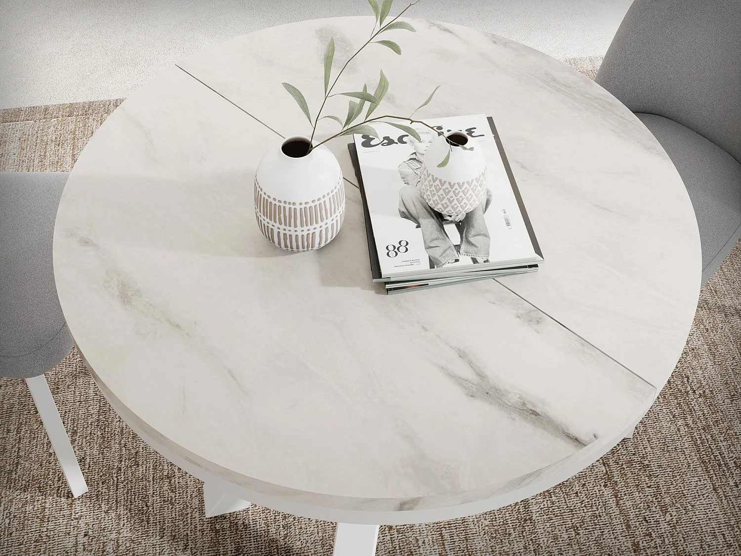 Table à Manger Ronde Extensible Style Loft - Table avec Pieds Métalliques Blancs - Table Gain de Place pour Salon - Marbre Blanc - 100 à 180 cm