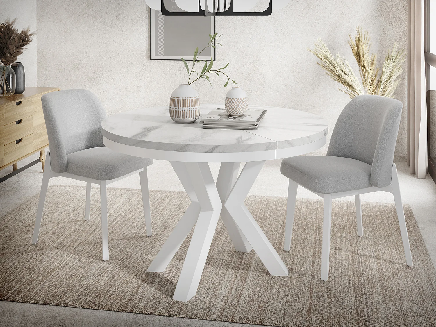 Table à Manger Ronde Extensible Style Loft - Table avec Pieds Métalliques Blancs - Table Gain de Place pour Salon - Marbre Blanc - 100 à 180 cm