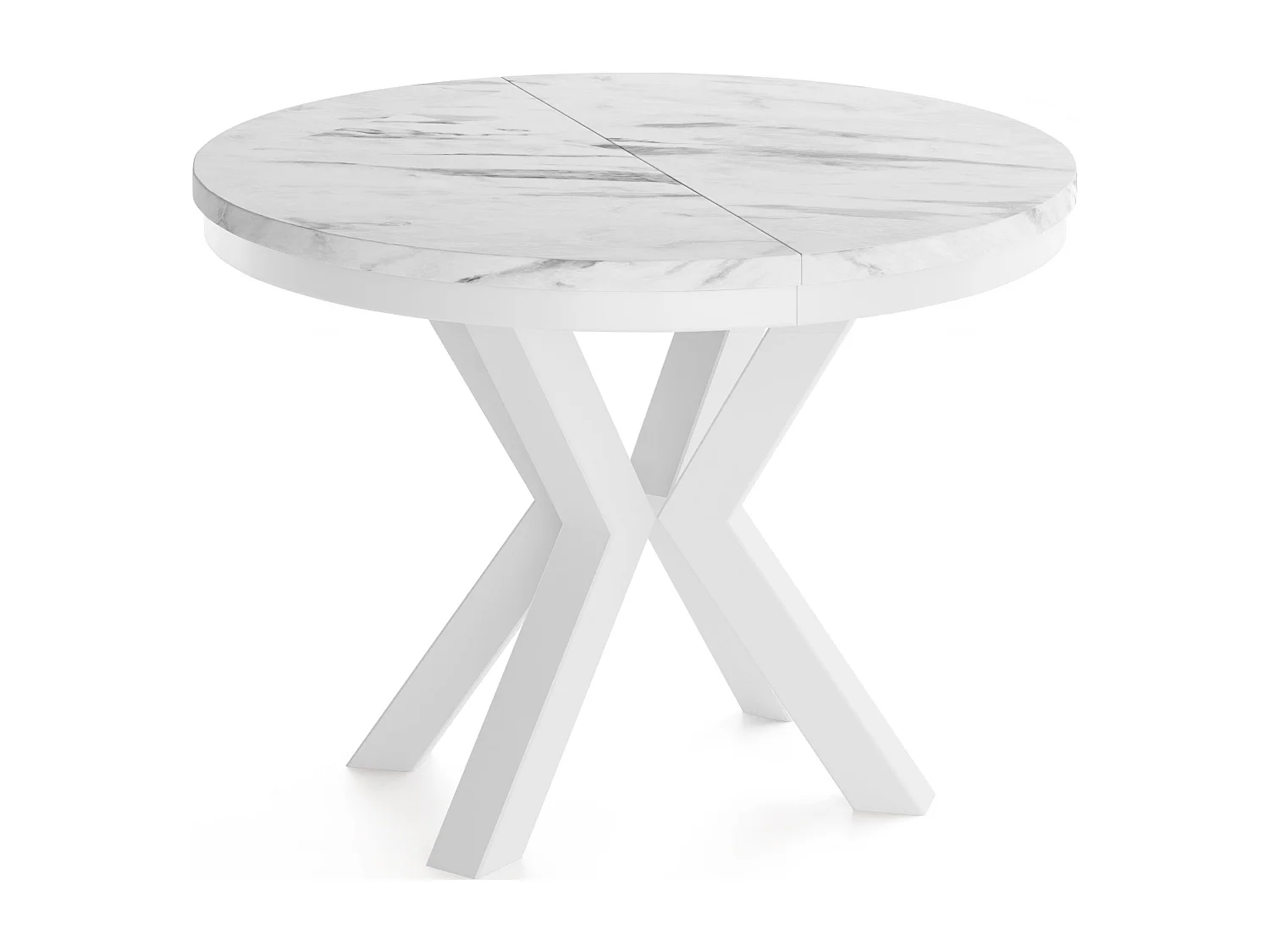 Runder Ausziehbarer Esstisch im Loft-Stil - Industrieller Tisch mit Weißen Metallbeinen - Platzsparender Tisch für Wohnzimmer - Marmor Weiß - 100 bis 180 cm