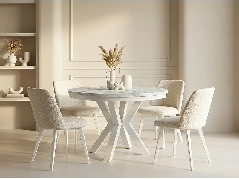 Table à Manger Ronde Extensible Style Loft - Table avec Pieds Métalliques Blancs - Table Gain de Place pour Salon - Marbre Blanc - 100 à 180 cm