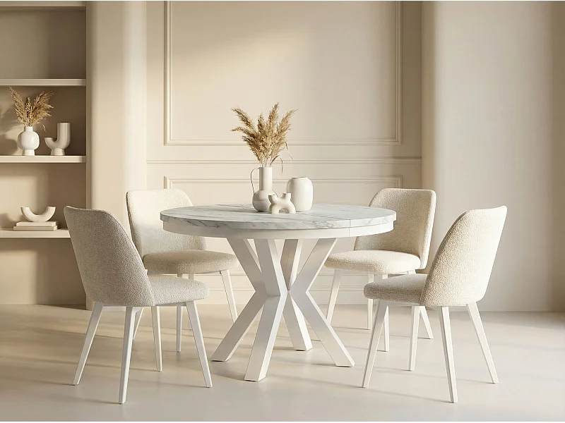 Table à Manger Ronde Extensible Style Loft - Table avec Pieds Métalliques Blancs - Table Gain de Place pour Salon - Marbre Blanc - 100 à 180 cm
