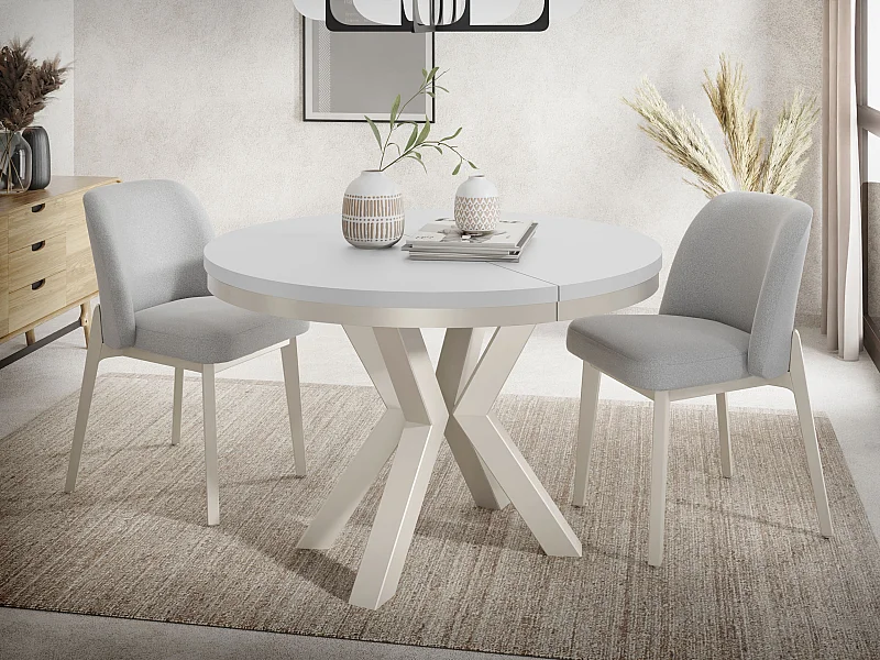 Table à Manger Ronde Extensible Style Loft - Table avec Pieds Métalliques Beige Cashmere - Table Gain de Place pour Salon - Blanc - 100 à 180 cm