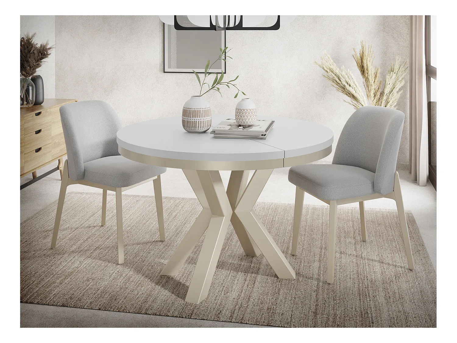 Runder Ausziehbarer Esstisch im Loft-Stil - Industrieller Tisch mit Beige Cashmere Metallbeinen - Platzsparender Tisch für Wohnzimmer - Weiß - 100 bis 180 cm