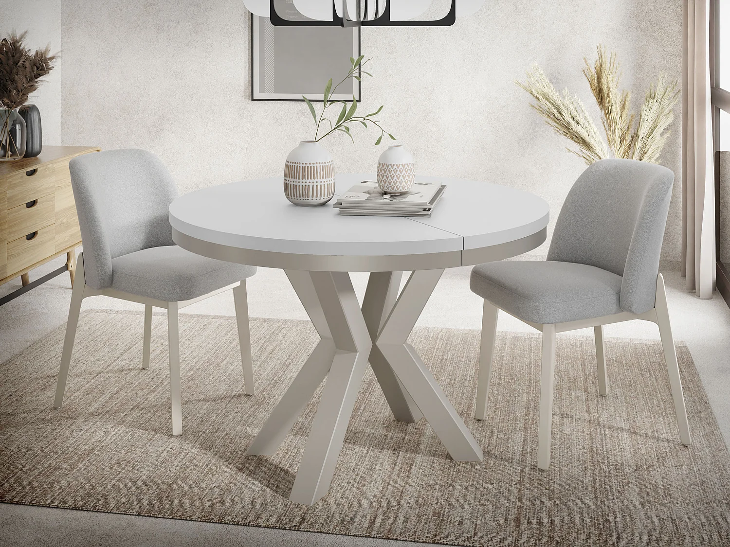 Runder Ausziehbarer Esstisch im Loft-Stil - Industrieller Tisch mit Grau-Beige Metallbeinen - Platzsparender Tisch für Wohnzimmer - Weiß - 100 bis 180 cm