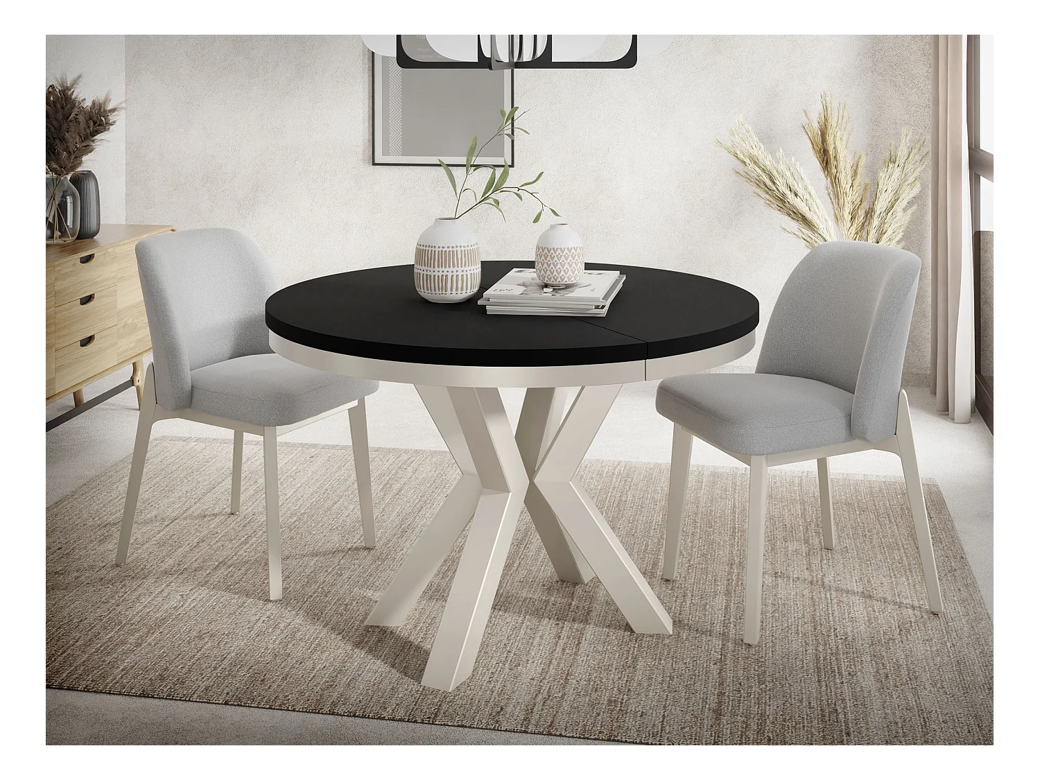 Table à Manger Ronde Extensible Style Loft - Table avec Pieds Métalliques Beige Cashmere - Table Gain de Place pour Salon - Noir - 120 à 200 cm