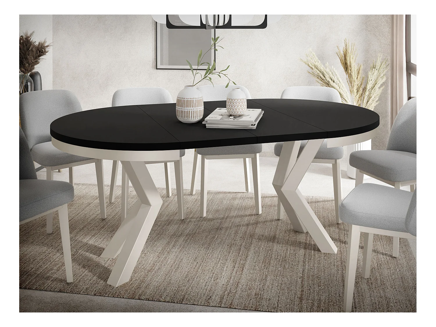 Table à Manger Ronde Extensible Style Loft - Table avec Pieds Métalliques Beige Cashmere - Table Gain de Place pour Salon - Noir - 120 à 200 cm