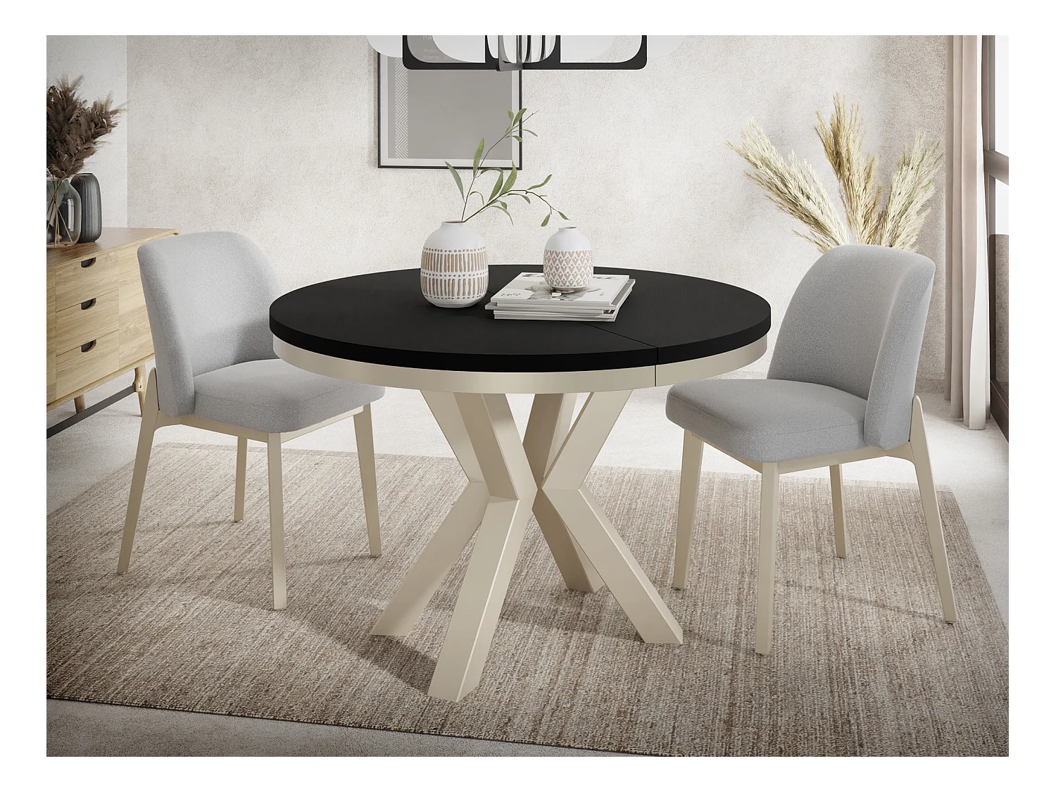 Runder Ausziehbarer Esstisch im Loft-Stil - Industrieller Tisch mit Beige Cashmere Metallbeinen - Platzsparender Tisch für Wohnzimmer - Schwarz - 120 bis 200 cm