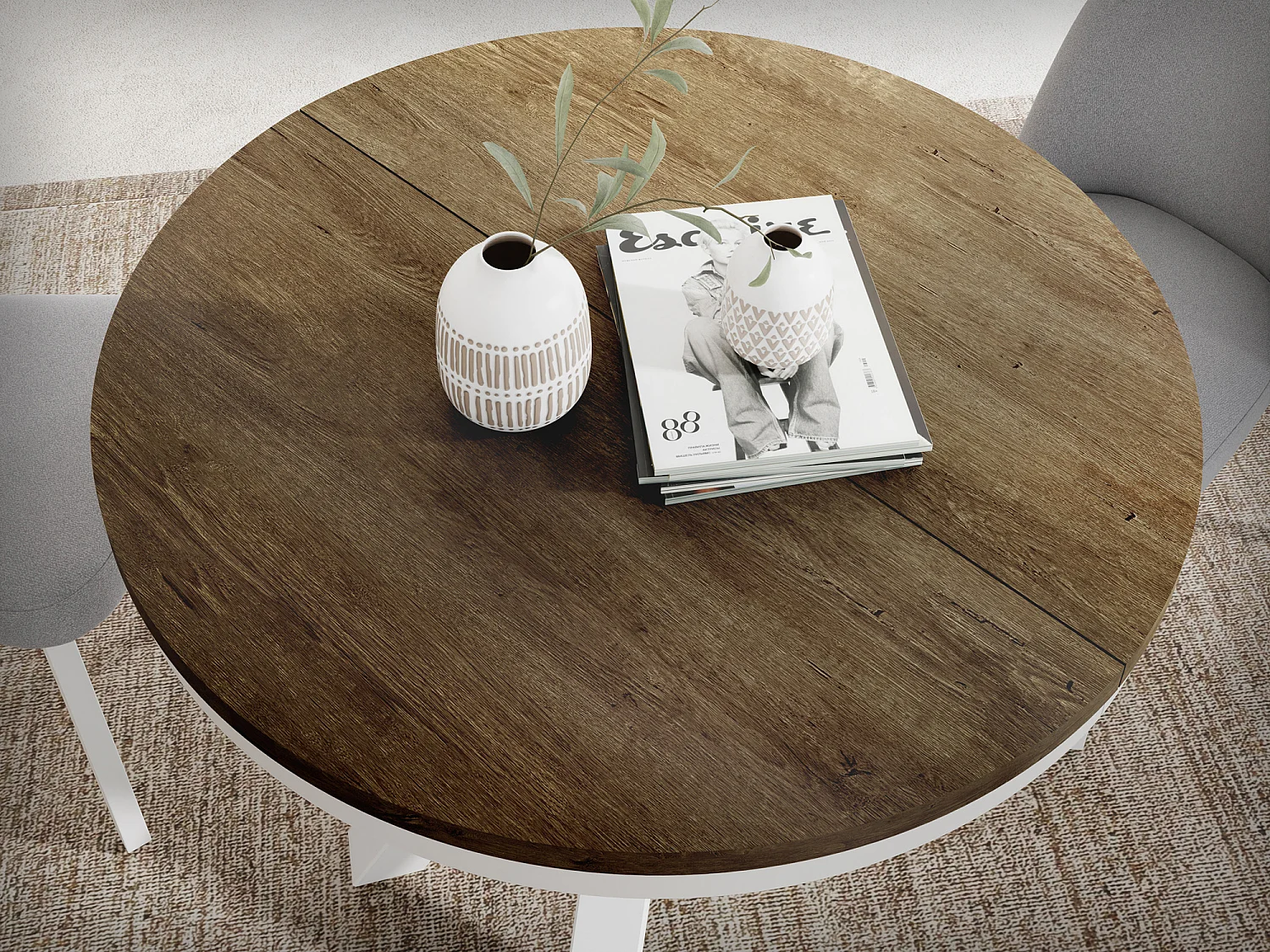 Table à Manger Ronde Extensible Style Loft - Table avec Pieds Métalliques Blancs - Table Gain de Place pour Salon - Chêne Lefkas - 120 à 200 cm