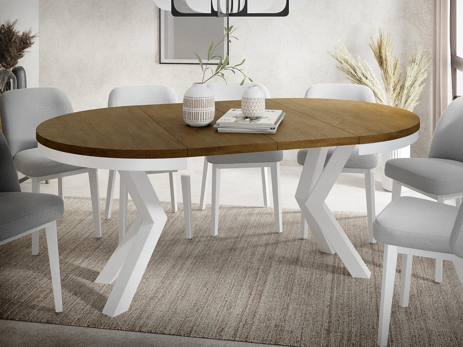 Runder Ausziehbarer Esstisch im Loft-Stil - Industrieller Tisch mit Weißen Metallbeinen - Platzsparender Tisch für Wohnzimmer - Lefkas Eiche - 120 bis 200 cm