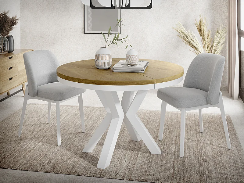 Table à Manger Ronde Extensible Style Loft - Table avec Pieds Métalliques Blancs - Table Gain de Place pour Salon - Chêne Lancelot - 100 à 180 cm