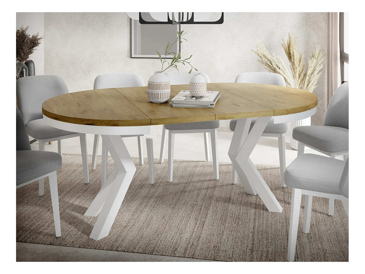 Table à Manger Ronde Extensible Style Loft - Table avec Pieds Métalliques Blancs - Table Gain de Place pour Salon - Chêne Lancelot - 100 à 180 cm
