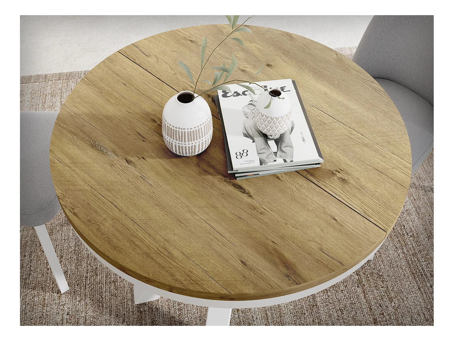 Table à Manger Ronde Extensible Style Loft - Table avec Pieds Métalliques Blancs - Table Gain de Place pour Salon - Chêne Lancelot - 100 à 180 cm