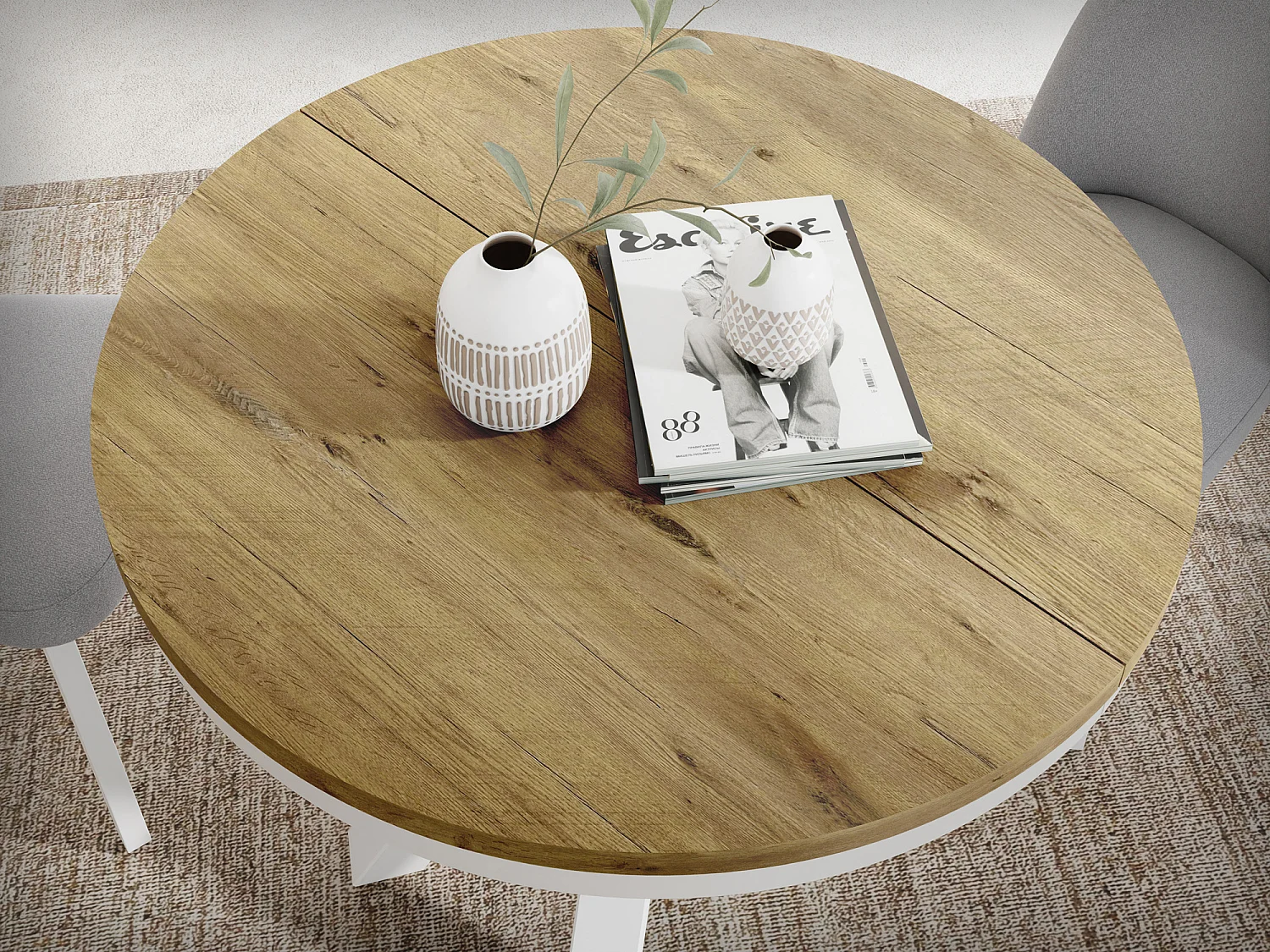 Table à Manger Ronde Extensible Style Loft - Table avec Pieds Métalliques Blancs - Table Gain de Place pour Salon - Chêne Lancelot - 100 à 180 cm