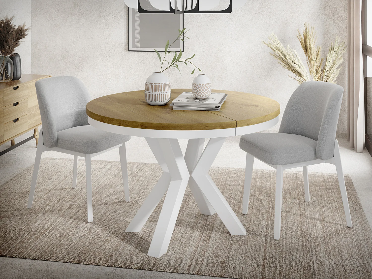 Table à Manger Ronde Extensible Style Loft - Table avec Pieds Métalliques Blancs - Table Gain de Place pour Salon - Chêne Lancelot - 100 à 180 cm