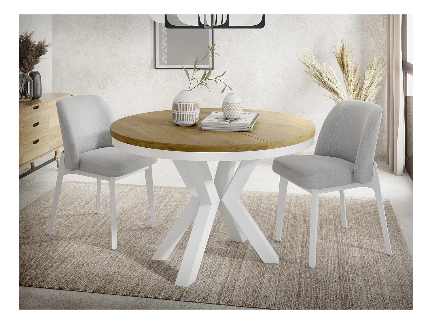 Runder Ausziehbarer Esstisch im Loft-Stil - Industrieller Tisch mit Weißen Metallbeinen - Platzsparender Tisch für Wohnzimmer - Lancelot Eiche - 100 bis 180 cm