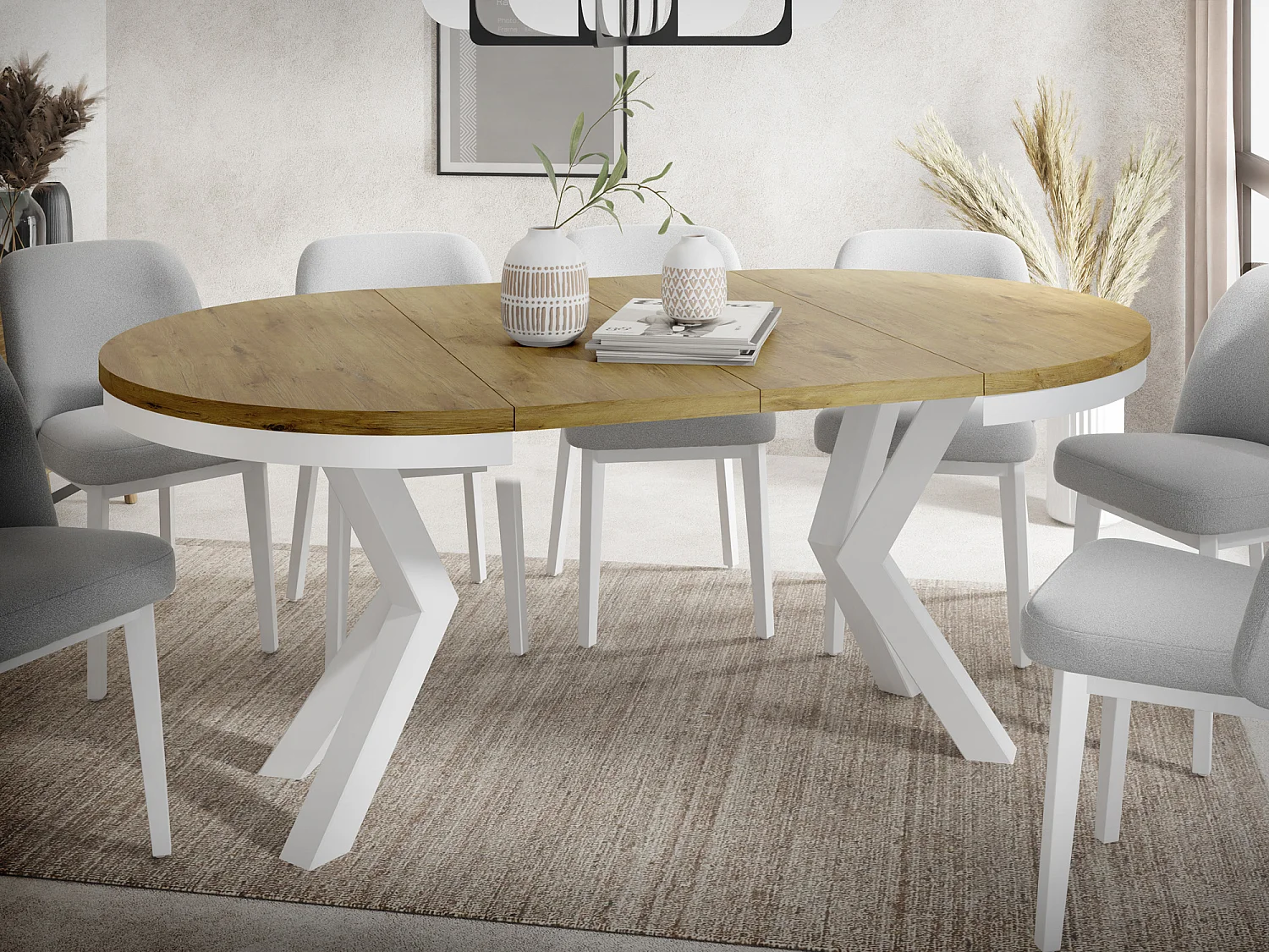 Runder Ausziehbarer Esstisch im Loft-Stil - Industrieller Tisch mit Weißen Metallbeinen - Platzsparender Tisch für Wohnzimmer - Lancelot Eiche - 100 bis 180 cm