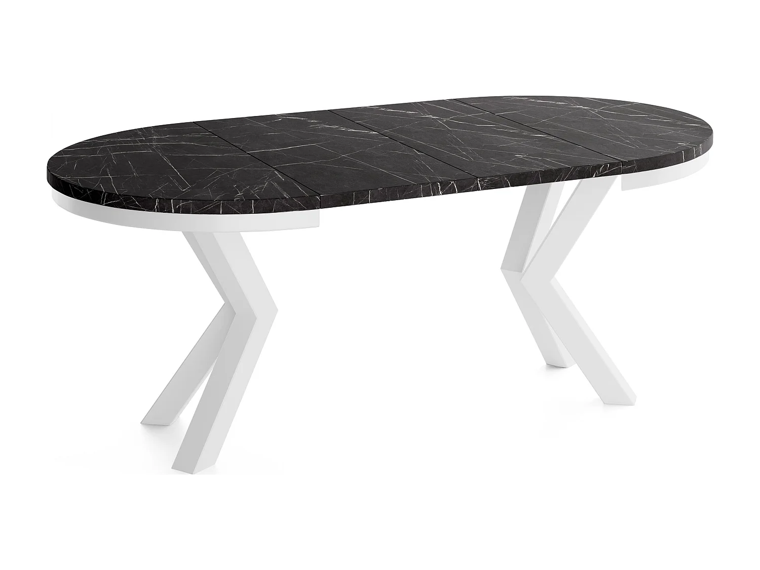 Runder Ausziehbarer Esstisch im Loft-Stil - Industrieller Tisch mit Weißen Metallbeinen - Platzsparender Tisch für Wohnzimmer - Marmor Schwarz - 120 bis 200 cm