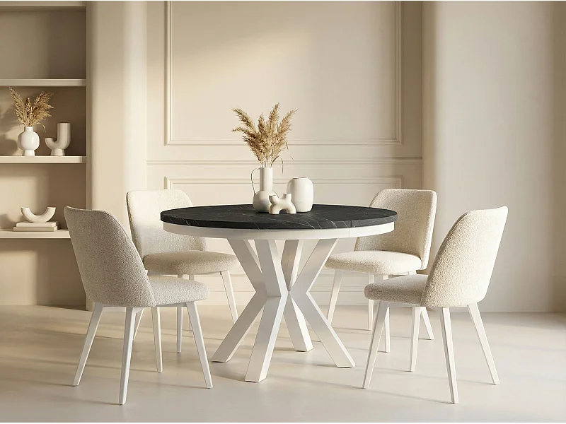 Runder Ausziehbarer Esstisch im Loft-Stil - Industrieller Tisch mit Weißen Metallbeinen - Platzsparender Tisch für Wohnzimmer - Marmor Schwarz - 120 bis 200 cm