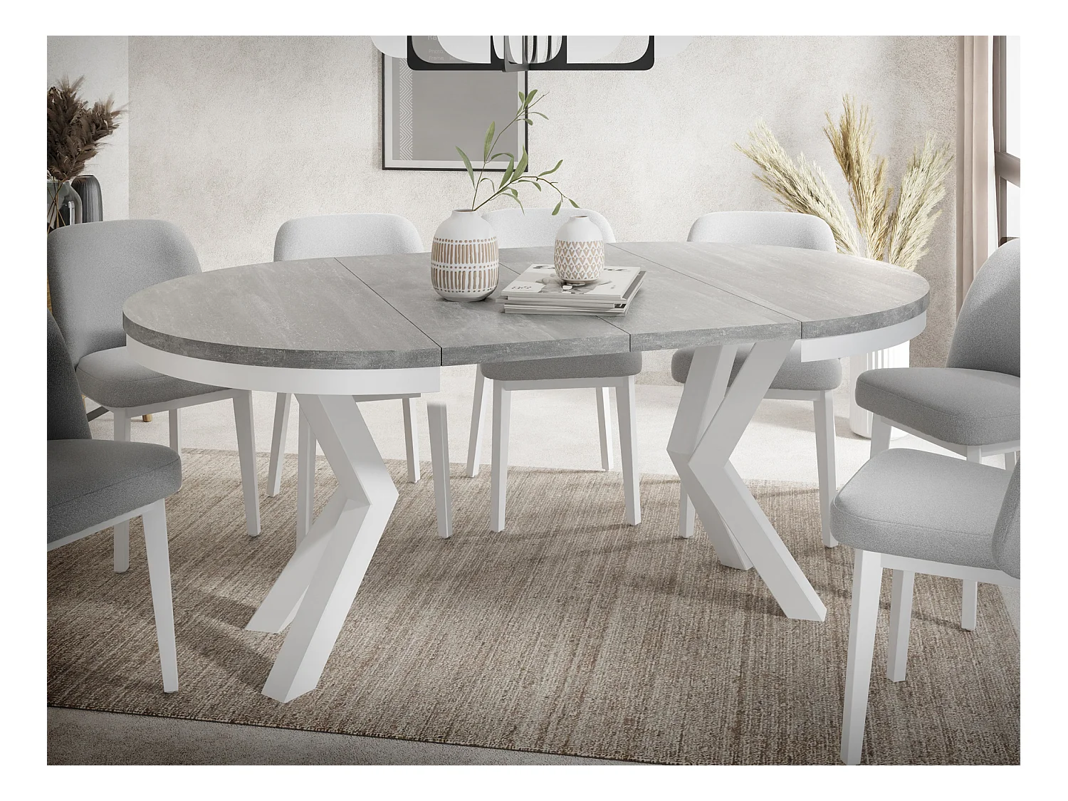 Table à Manger Ronde Extensible Style Loft - Table avec Pieds Métalliques Blancs - Table Gain de Place pour Salon - Béton Gris - 120 à 200 cm