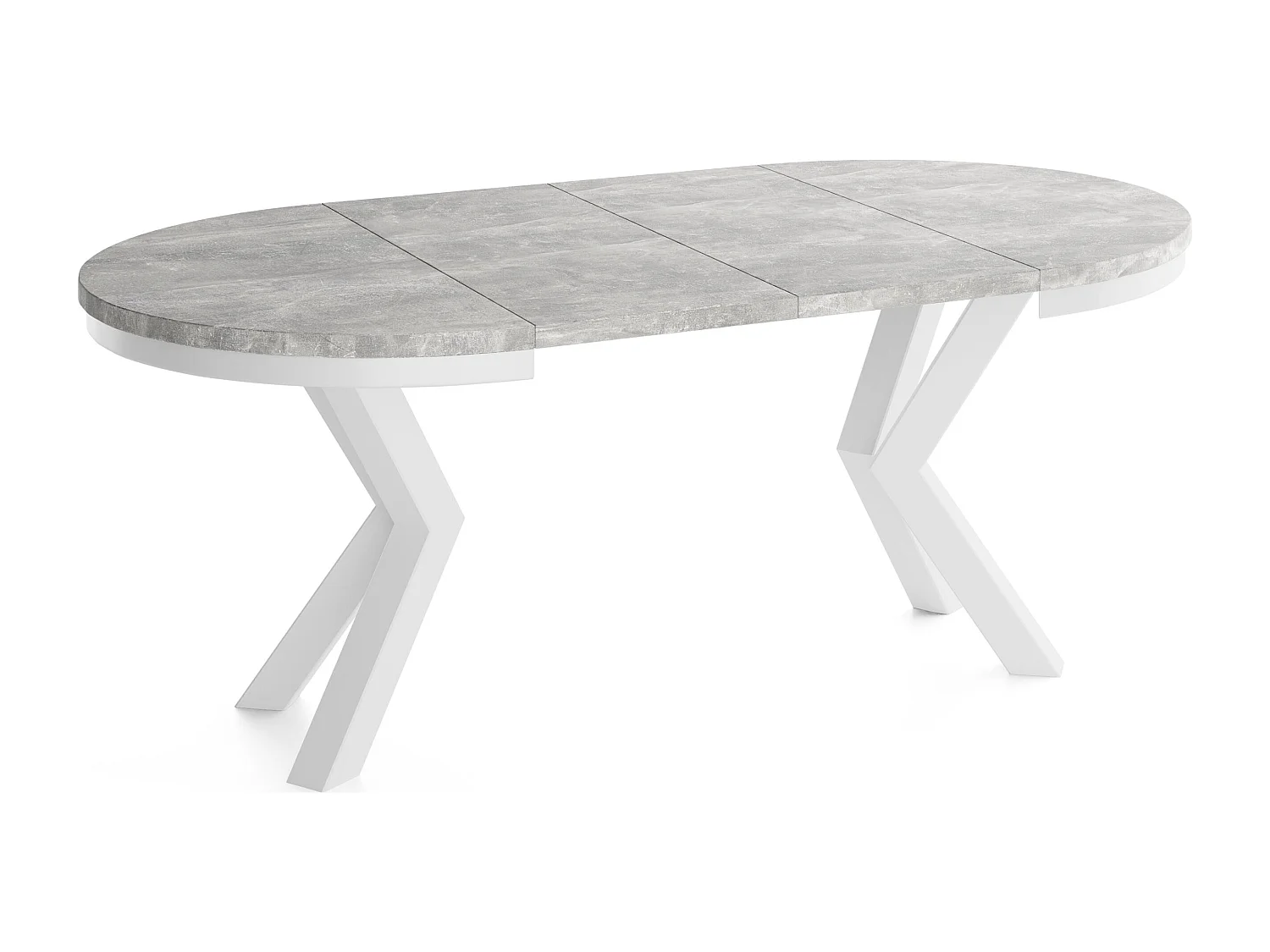 Runder Ausziehbarer Esstisch im Loft-Stil - Industrieller Tisch mit Weißen Metallbeinen - Platzsparender Tisch für Wohnzimmer - Grauer Beton - 120 bis 200 cm