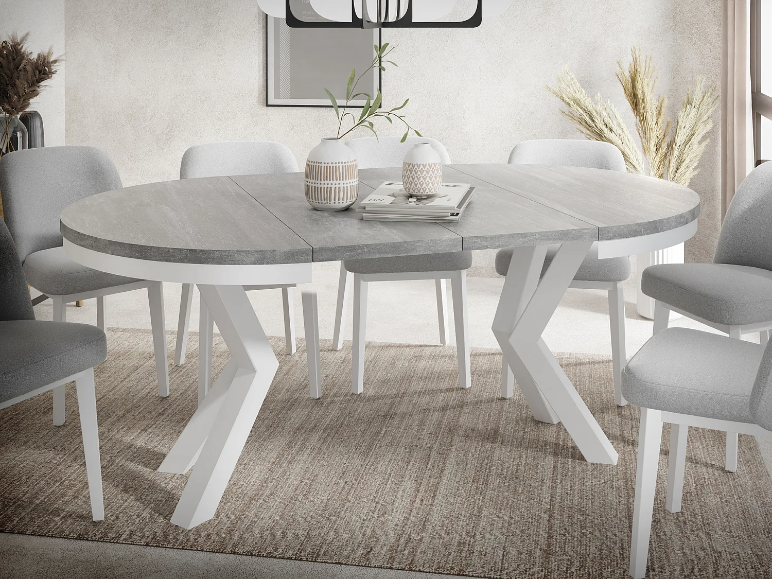 Runder Ausziehbarer Esstisch im Loft-Stil - Industrieller Tisch mit Weißen Metallbeinen - Platzsparender Tisch für Wohnzimmer - Grauer Beton - 120 bis 200 cm