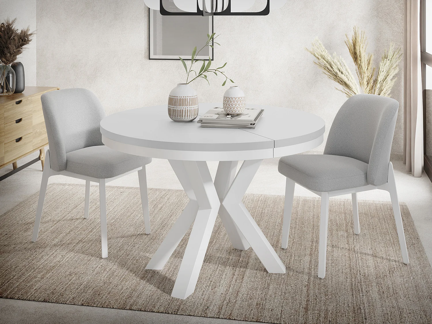 Table à Manger Ronde Extensible Style Loft - Table avec Pieds Métalliques Blancs - Table Gain de Place pour Salon - Blanc - 100 à 180 cm